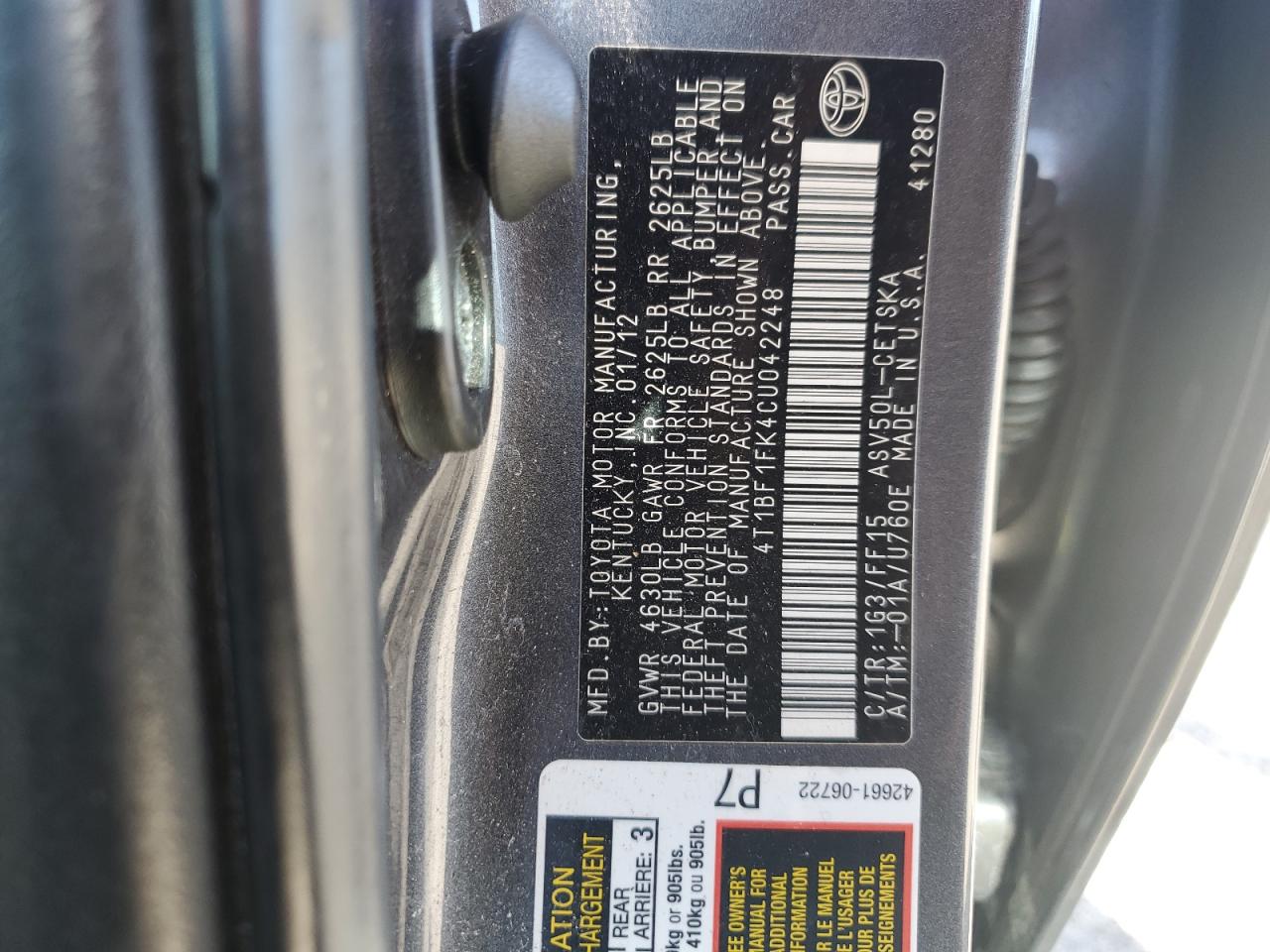 2012 Toyota Camry VIN 4T1BF1FK4CU042248 Copart auction photo, all over / minor dent/scratches damage thumbnail 12