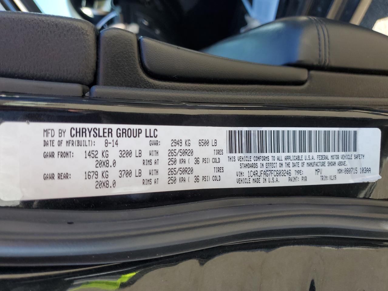 2015 Jeep Grand Cherokee VIN 1C4RJFAG7FC603246 Copart auction photo, front end / minor dent/scratches damage thumbnail 15