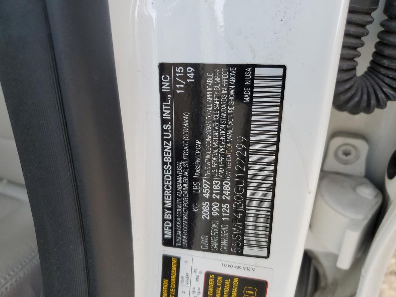 2016 Mercedes-Benz C-klasse VIN 55SWF4JB0GU122299 Copart auction photo, side / rear end damage thumbnail 12