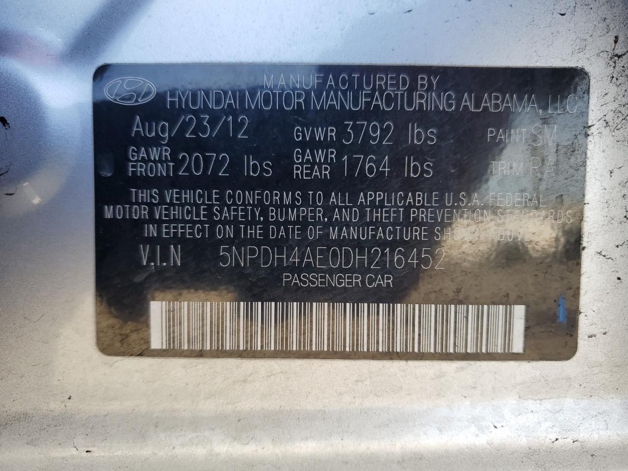 2013 Hyundai Elantra VIN 5NPDH4AE0DH216452 Copart auction photo, front end / rear end damage thumbnail 13