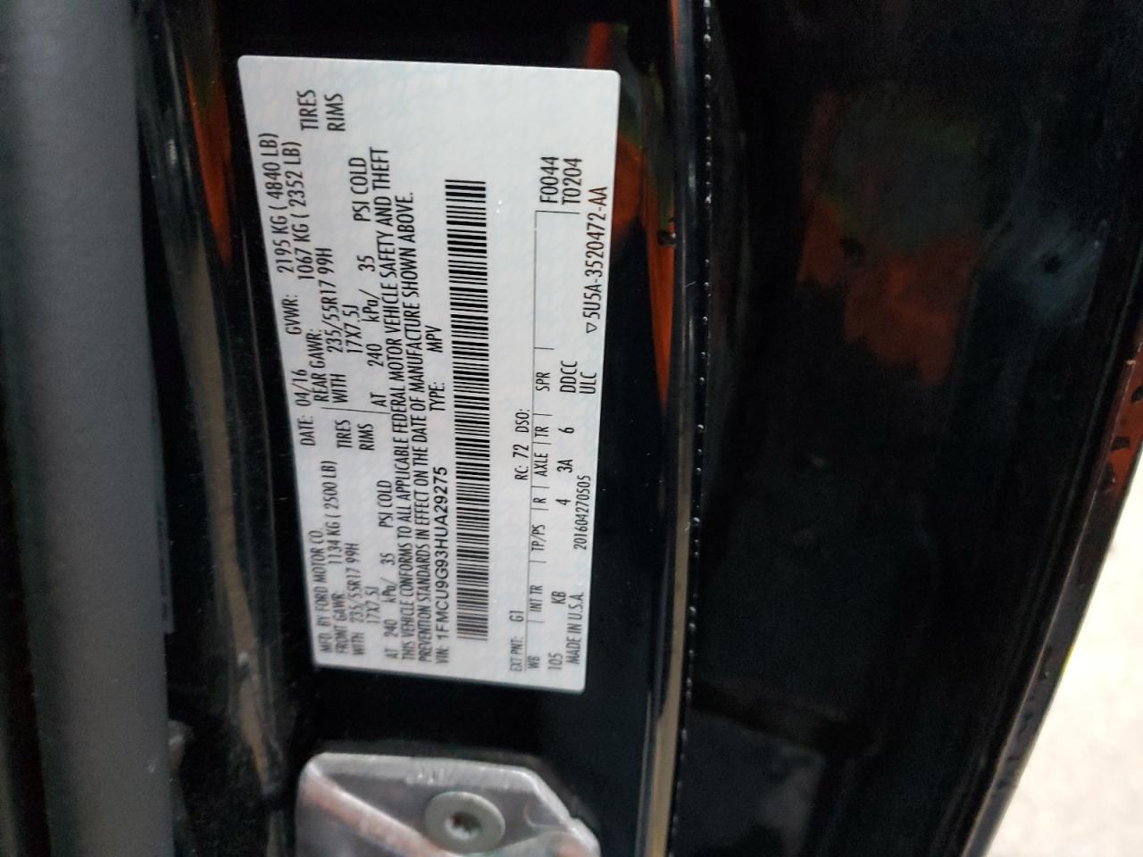 2017 Ford Escape VIN 1FMCU9G93HUA29275 Copart auction photo, all over damage thumbnail 14