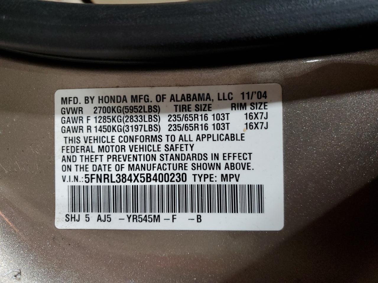 2005 Honda Odyssey VIN 5FNRL384X5B400230 Copart auction photo, rear end damage thumbnail 13