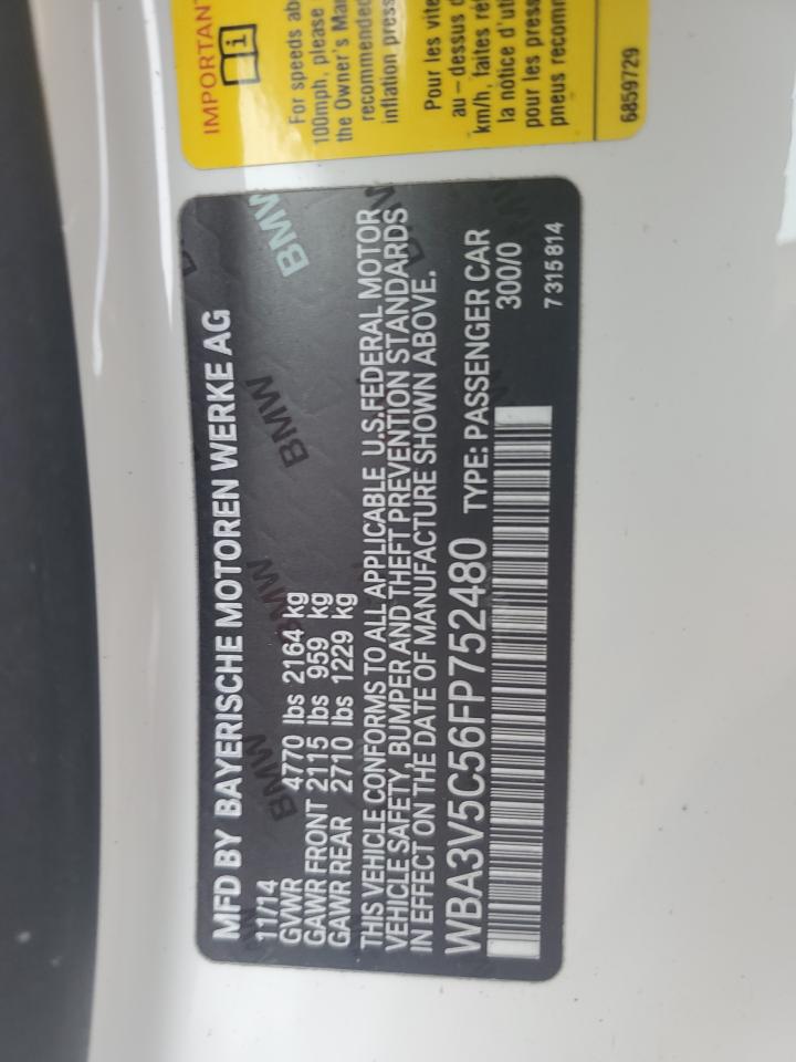 2015 BMW 4er VIN WBA3V5C56FP752480 Copart auction photo, top/roof damage thumbnail 14
