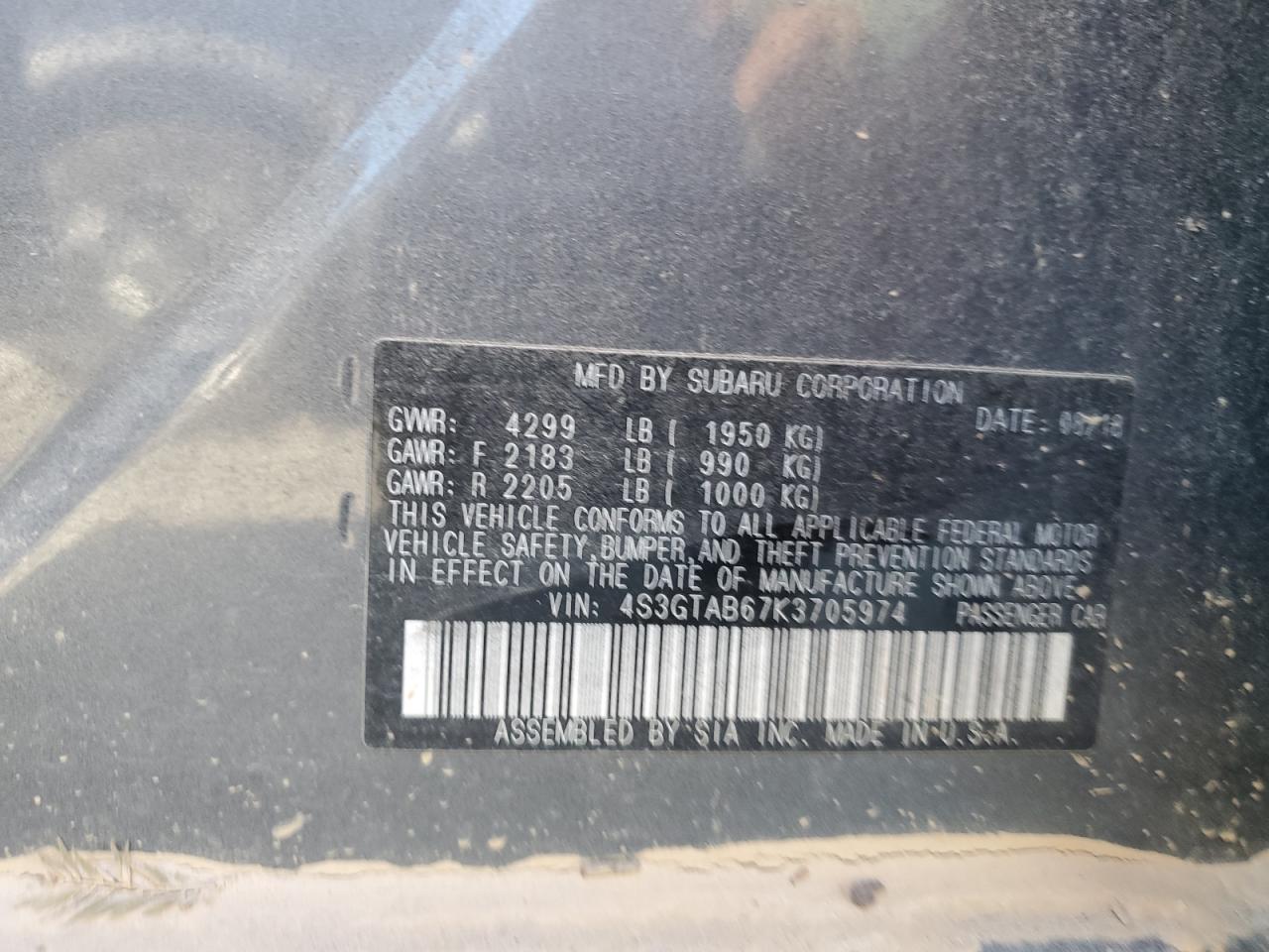 2019 Subaru Impreza VIN 4S3GTAB67K3705974 Copart auction photo, water/flood damage thumbnail 13