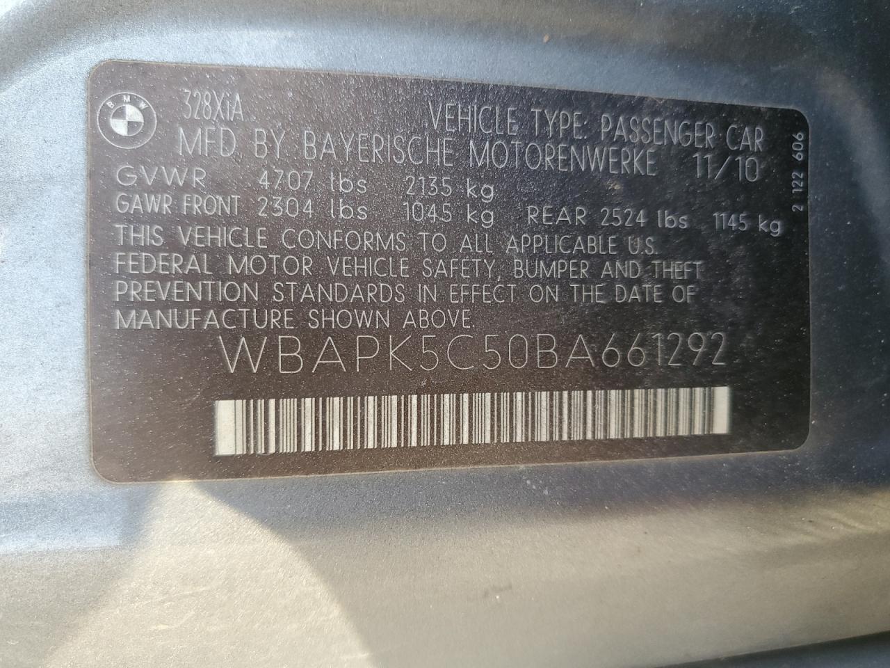 2011 BMW 3er VIN WBAPK5C50BA661292 Copart auction photo, side / rear end damage thumbnail 12