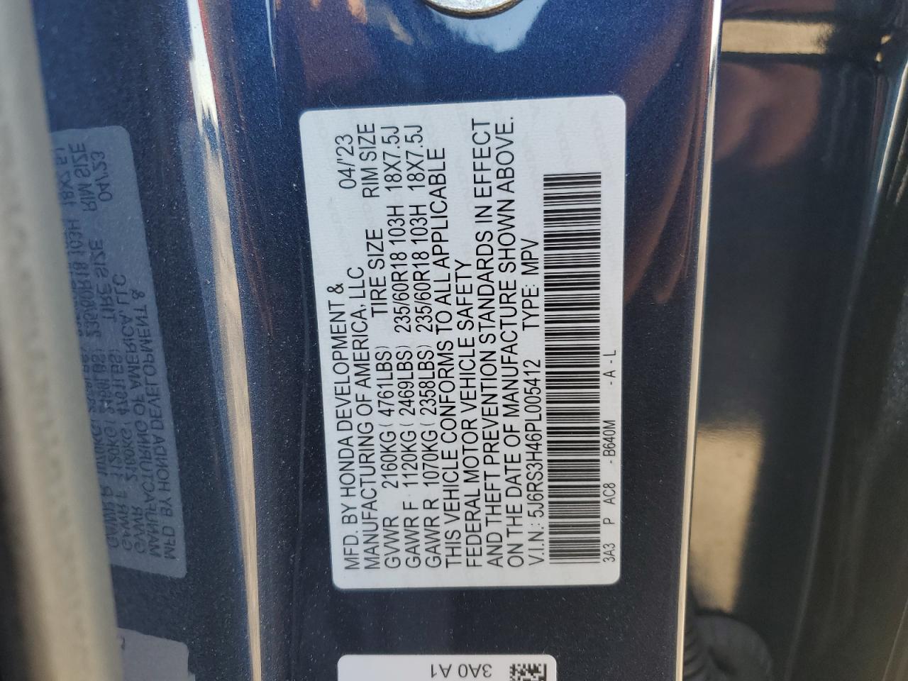 2023 Honda CR-V VIN 5J6RS3H46PL005412 Copart auction photo, front end damage thumbnail 13