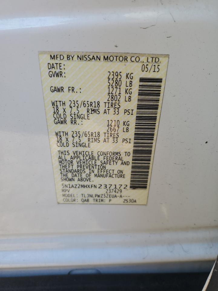2015 Nissan Murano VIN 5N1AZ2MHXFN237172 Copart auction photo, all over damage thumbnail 15