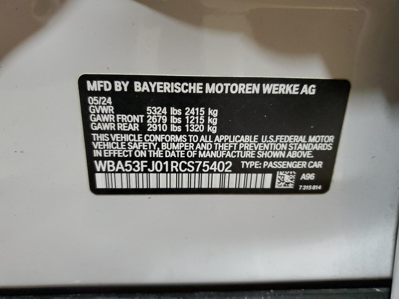 2024 BMW 5er VIN WBA53FJ01RCS75402 Copart auction photo, all over damage thumbnail 12