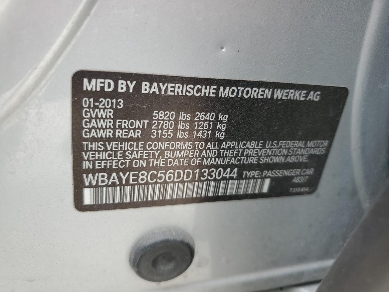 2013 BMW 7er VIN WBAYE8C56DD133044 Copart auction photo, side / minor dent/scratches damage thumbnail 12