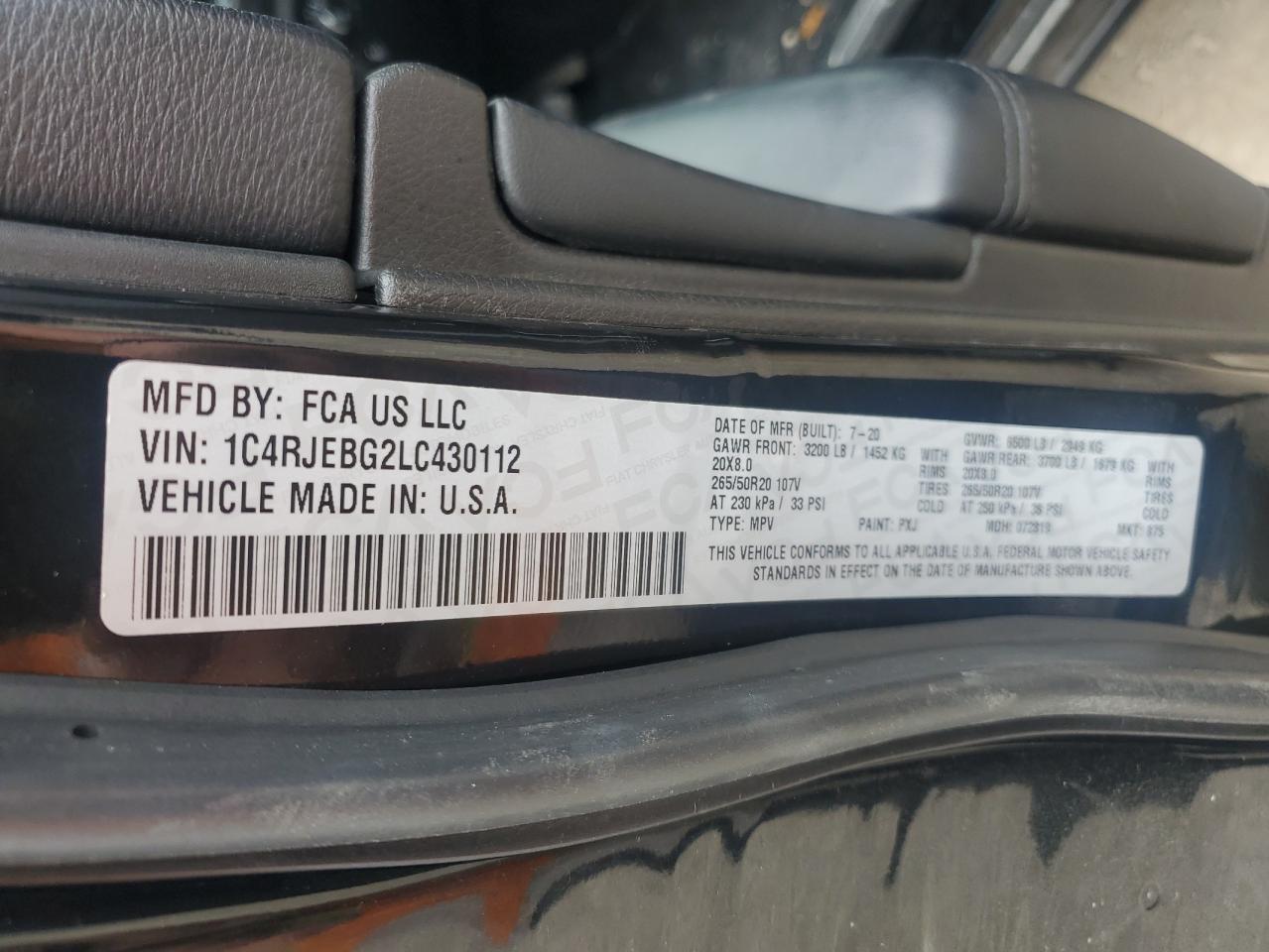 2020 Jeep Grand Cherokee VIN 1C4RJEBG2LC430112 Copart auction photo, rear end / side damage thumbnail 14