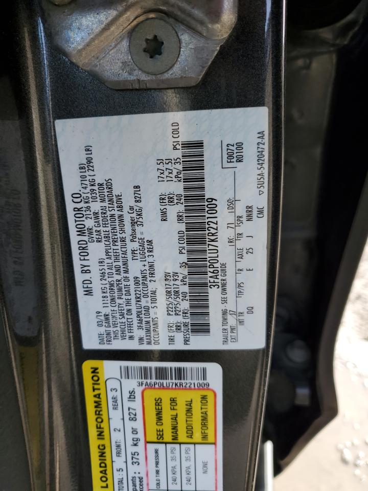 2019 Ford Fusion VIN 3FA6P0LU7KR221009 Copart auction photo, rear end / minor dent/scratches damage thumbnail 12