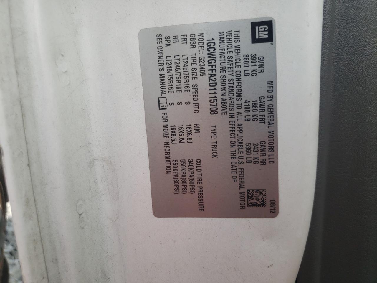 2013 Chevrolet Express VIN 1GCWGFFA2D1115708 Copart auction photo, side / rear end damage thumbnail 13
