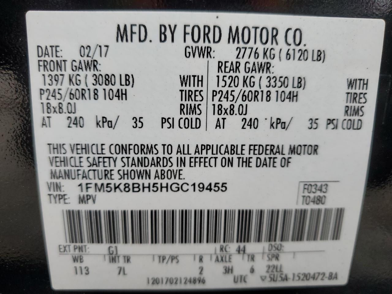 2017 Ford Explorer VIN 1FM5K8BH5HGC19455 Copart auction photo, front end / undercarriage damage thumbnail 14