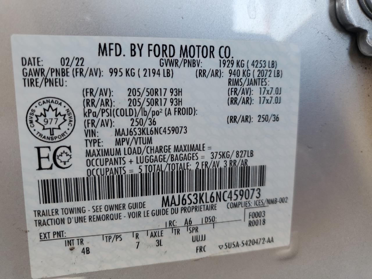 2022 Ford EcoSport VIN MAJ6S3KL6NC459073 Copart auction photo, front end / hail damage thumbnail 14