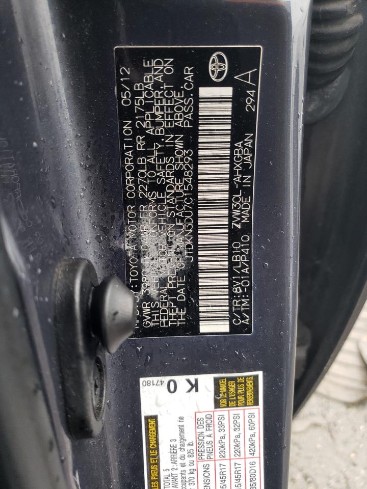 2012 Toyota Prius VIN JTDKN3DU7C1548293 Copart auction photo, front end damage thumbnail 12