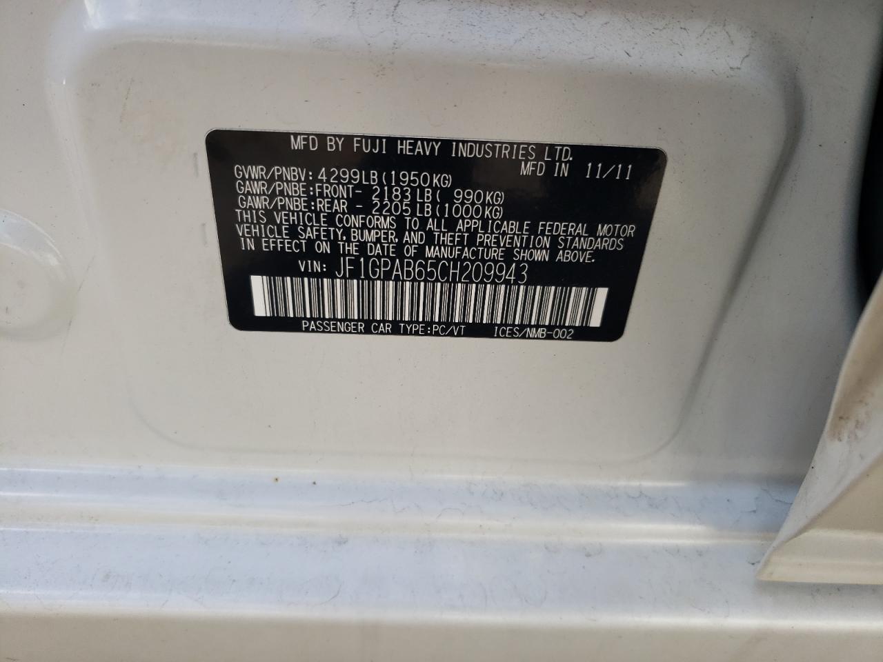 2012 Subaru Impreza VIN JF1GPAB65CH209943 Copart auction photo, rear end damage thumbnail 12