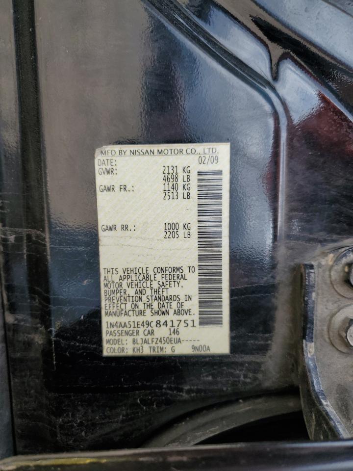 2009 Nissan Maxima VIN 1N4AA51E49C841751 Copart auction photo, rear end / undercarriage damage thumbnail 15