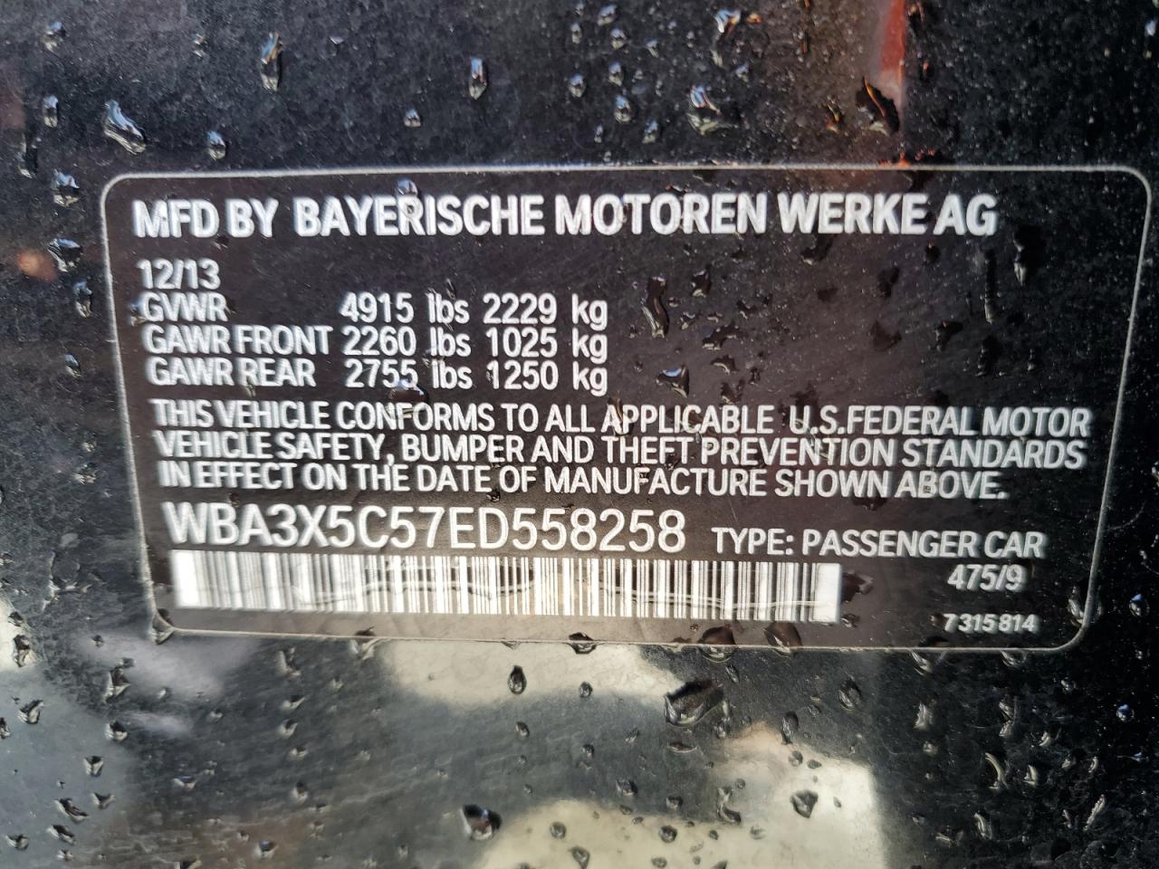 2014 BMW 3er VIN WBA3X5C57ED558258 Copart auction photo, rear end damage thumbnail 13
