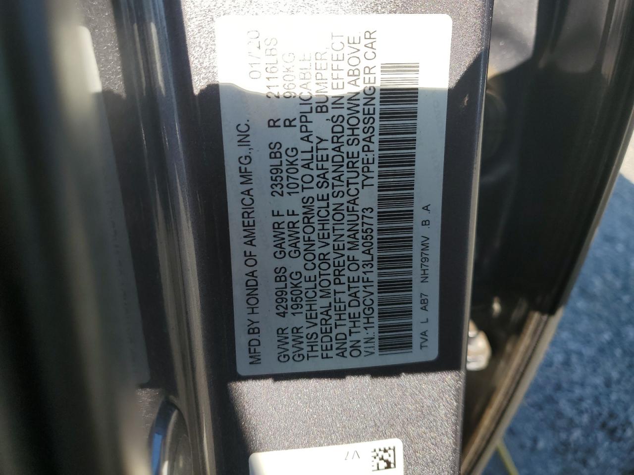 2020 Honda Accord VIN 1HGCV1F13LA055773 Copart auction photo, front end damage thumbnail 13