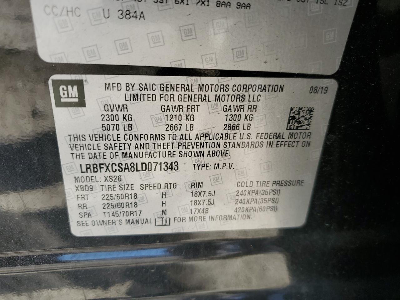 2020 Buick Envision VIN LRBFXCSA8LD071343 Copart auction photo, front end / side damage thumbnail 15