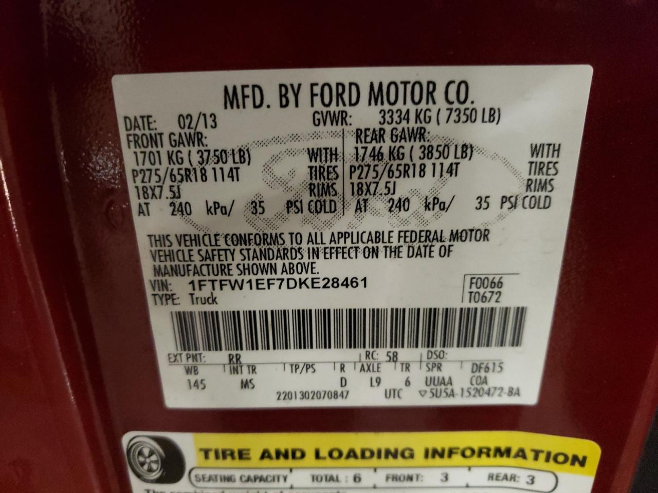 2013 Ford F-150 VIN 1FTFW1EF7DKE28461 Copart auction photo, front end / rear end damage thumbnail 12