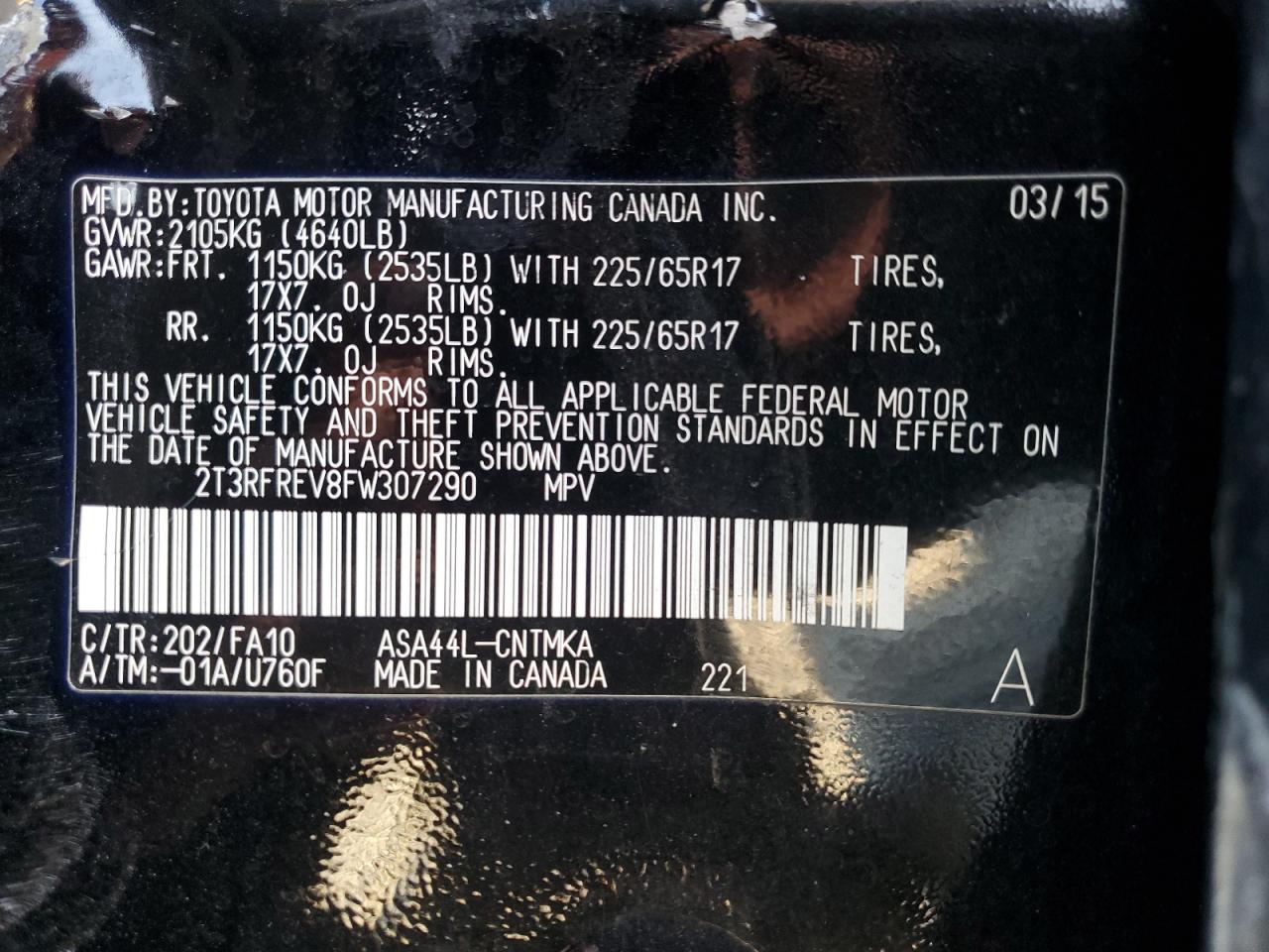 2015 Toyota RAV 4 VIN 2T3RFREV8FW307290 Copart auction photo, all over damage thumbnail 13