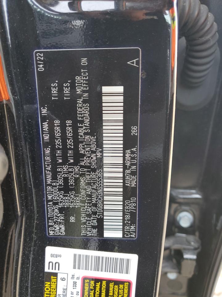 2022 Toyota Highlander VIN 5TDGBRCH3NS555365 Copart auction photo, side / rear end damage thumbnail 13
