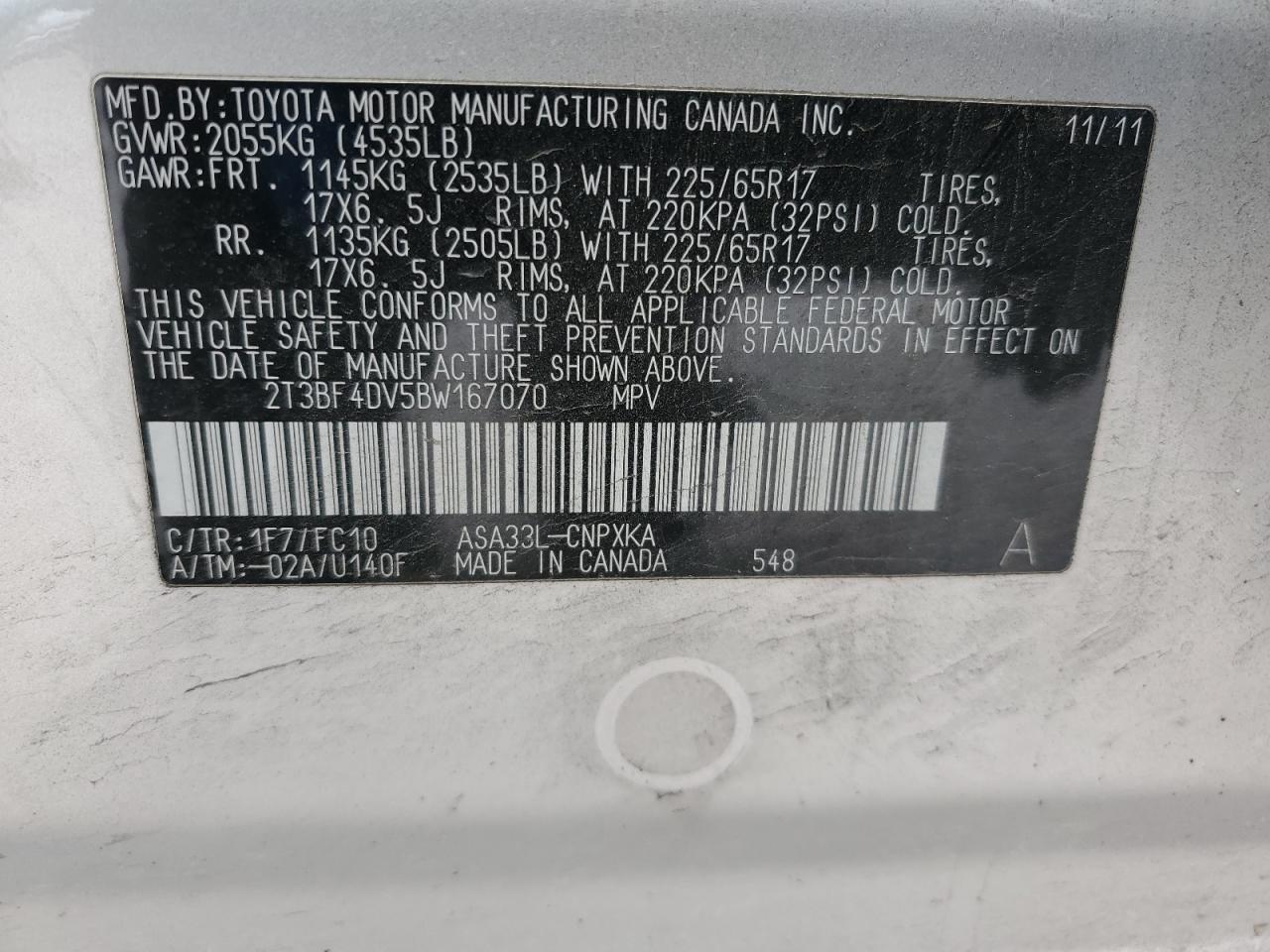 2011 Toyota RAV 4 VIN 2T3BF4DV5BW167070 Copart auction photo, all over / undercarriage damage thumbnail 14