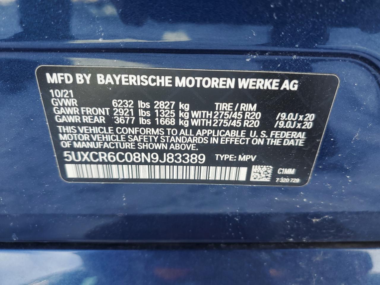 2022 BMW X5 VIN 5UXCR6C08N9J83389 Copart auction photo, all over damage thumbnail 14