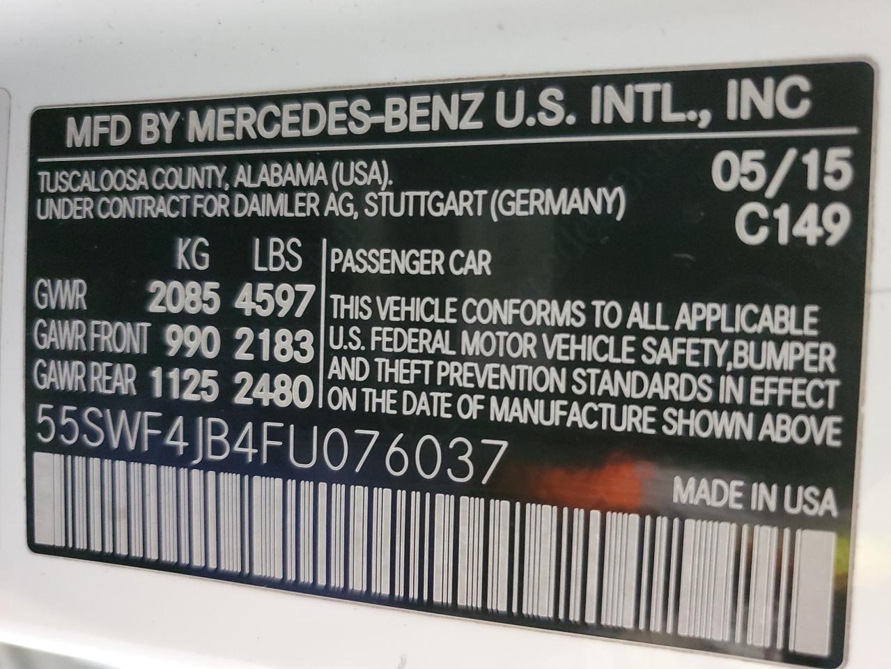 2015 Mercedes-Benz C-klasse VIN 55SWF4JB4FU076037 Copart auction photo, rear end / front end damage thumbnail 12