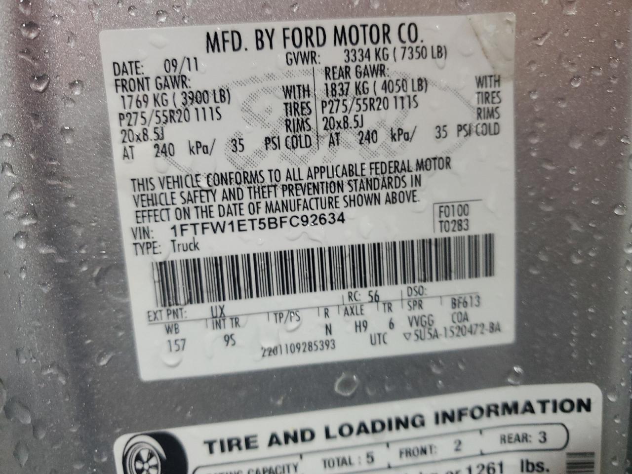 2011 Ford F-150 VIN 1FTFW1ET5BFC92634 Copart auction photo, rear end damage thumbnail 12