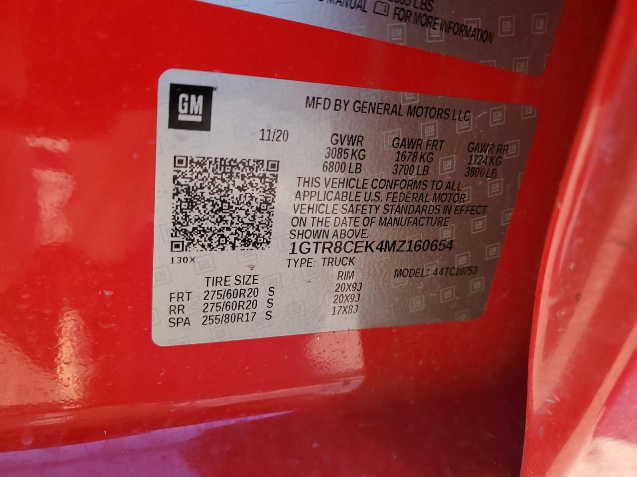 2021 GMC Sierra VIN 1GTR8CEK4MZ160654 Copart auction photo, front end / rear end damage thumbnail 12