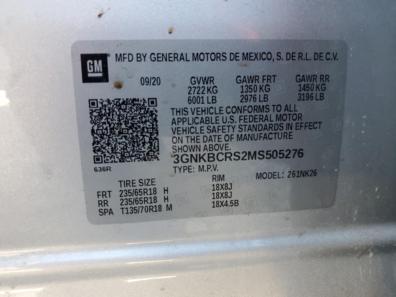 2021 Chevrolet Blazer VIN 3GNKBCRS2MS505276 Copart auction photo, front end / rear end damage thumbnail 13