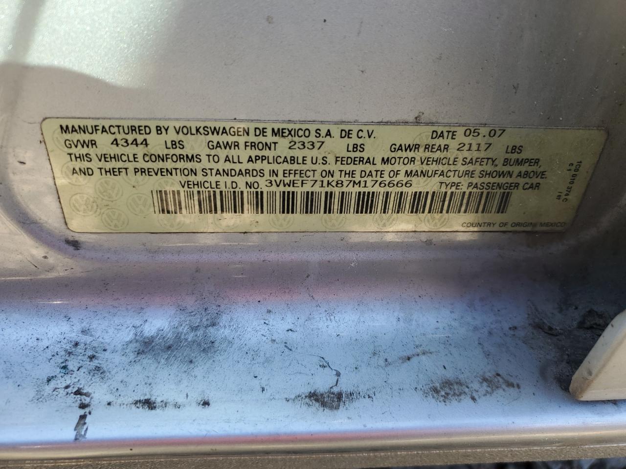 2007 Volkswagen Jetta VIN 3VWEF71K87M176666 Copart auction photo, front end / rear end damage thumbnail 12