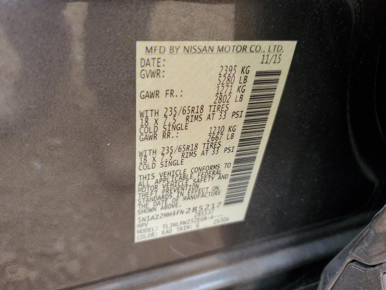 2015 Nissan Murano VIN 5N1AZ2MH4FN285217 Copart auction photo, front end damage thumbnail 15