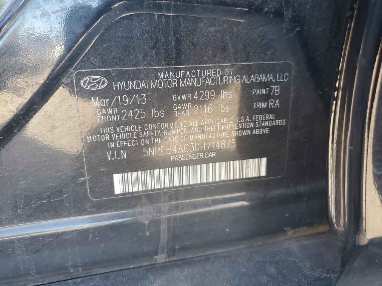 2013 Hyundai Sonata VIN 5NPEB4AC3DH714875 Copart auction photo, rear end damage thumbnail 14