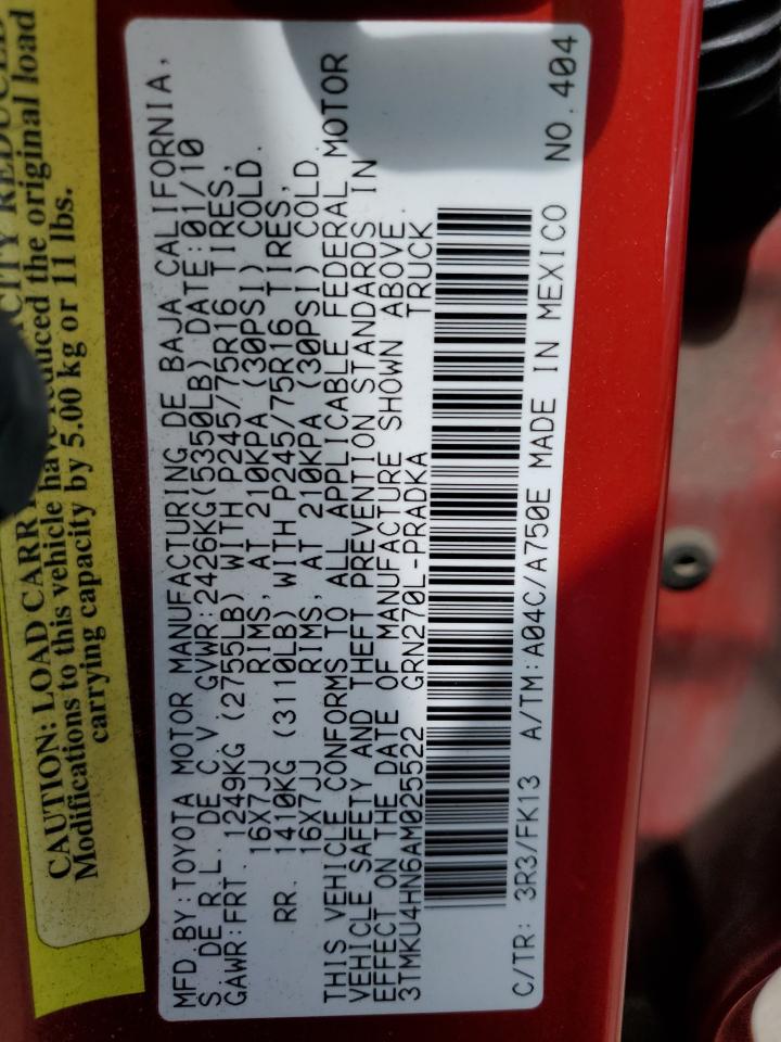 2010 Toyota Tacoma VIN 3TMKU4HN6AM025522 Copart auction photo, rear end damage thumbnail 13