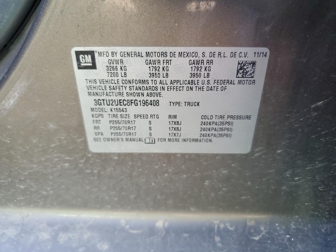 2015 GMC Sierra VIN 3GTU2UEC8FG196408 Copart auction photo, front end damage thumbnail 14
