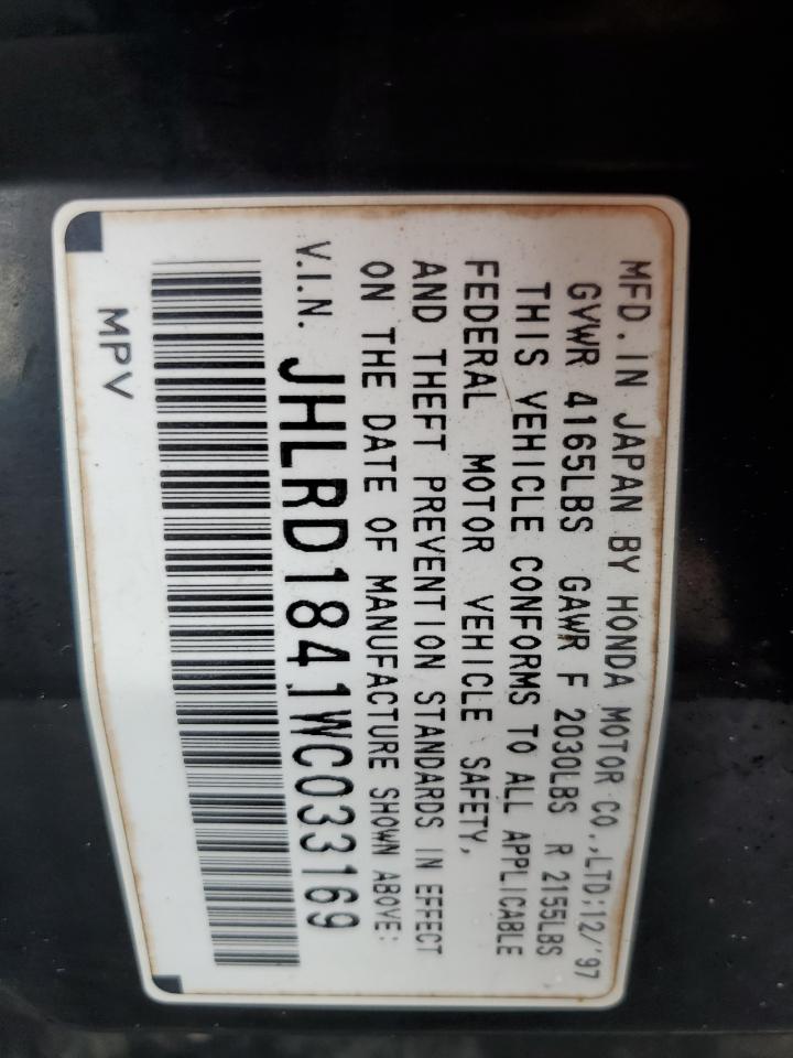1998 Honda CR-V VIN JHLRD1841WC033169 Copart auction photo, rear end / front end damage thumbnail 13