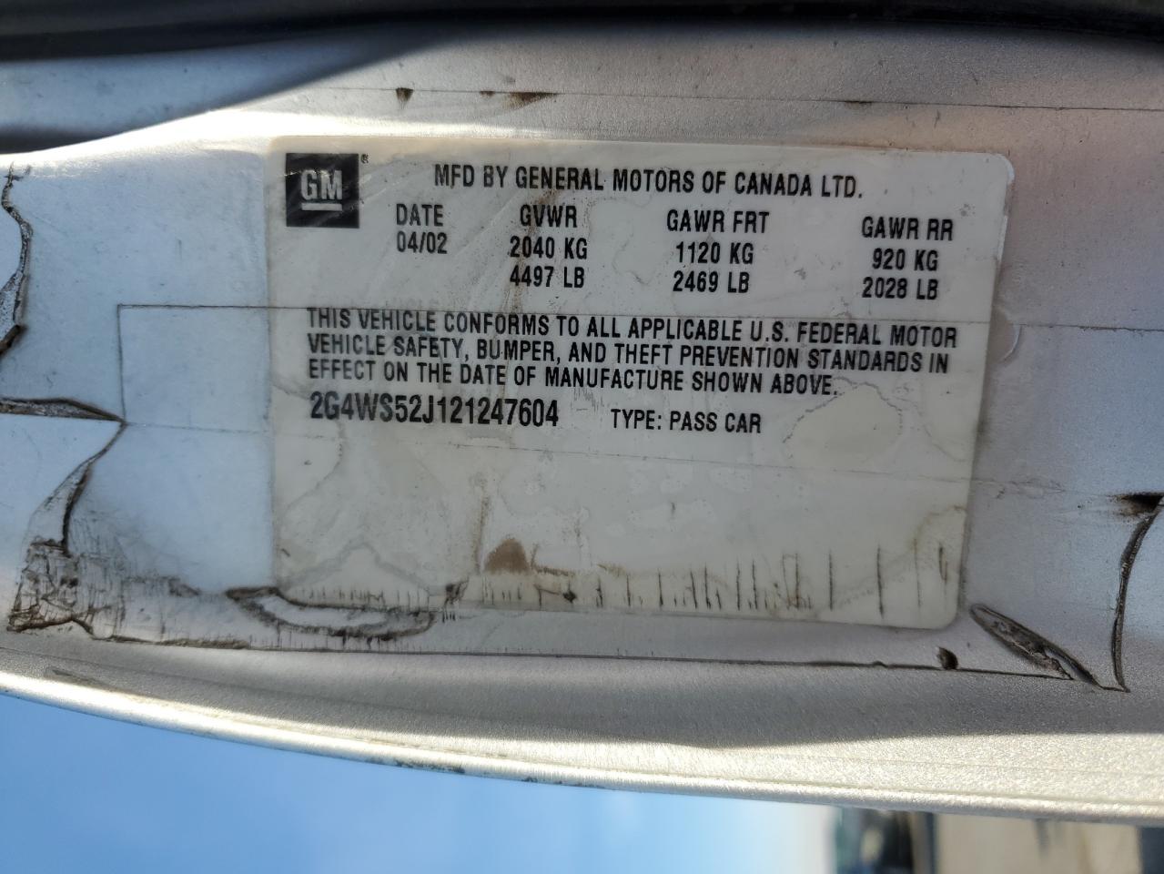 2002 Buick Century VIN 2G4WS52J121247604 Copart auction photo, front end damage thumbnail 12