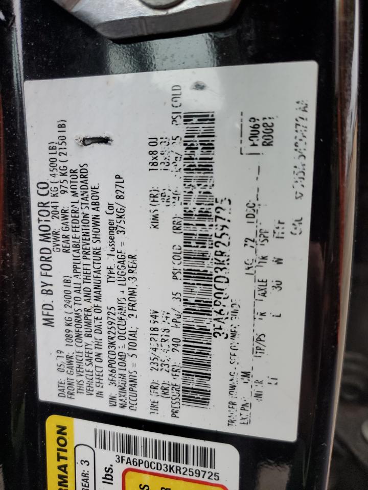 2019 Ford Fusion VIN 3FA6P0CD3KR259725 Copart auction photo, front end damage thumbnail 12