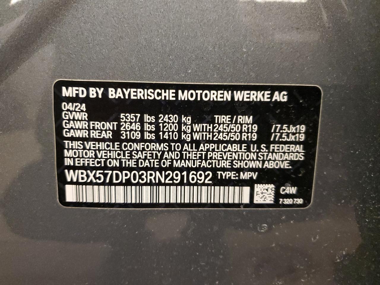 2024 BMW X3 VIN WBX57DP03RN291692 Copart auction photo, side / front end damage thumbnail 14