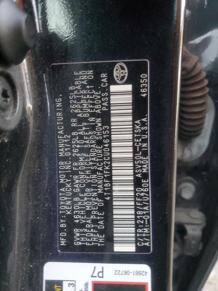 2012 Toyota Camry VIN 4T1BF1FK2CU046153 Copart auction photo, front end damage thumbnail 13