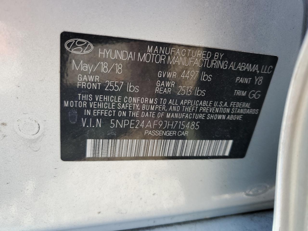 2018 Hyundai Sonata VIN 5NPE24AF9JH715485 Copart auction photo, side / front end damage thumbnail 12