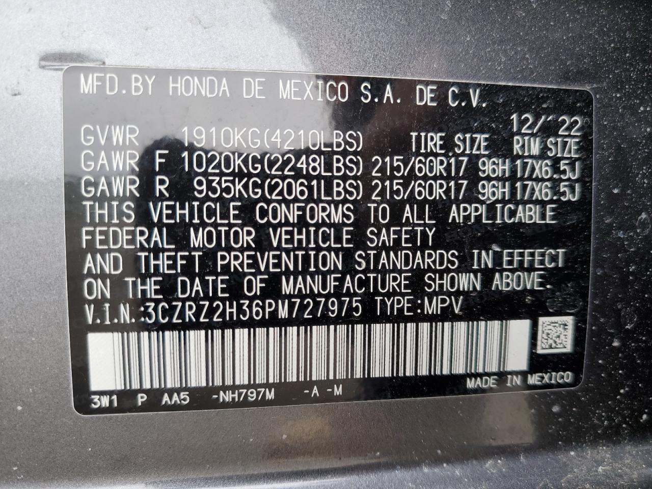 2023 Honda HR-V VIN 3CZRZ2H36PM727975 Copart auction photo, side / minor dent/scratches damage thumbnail 15