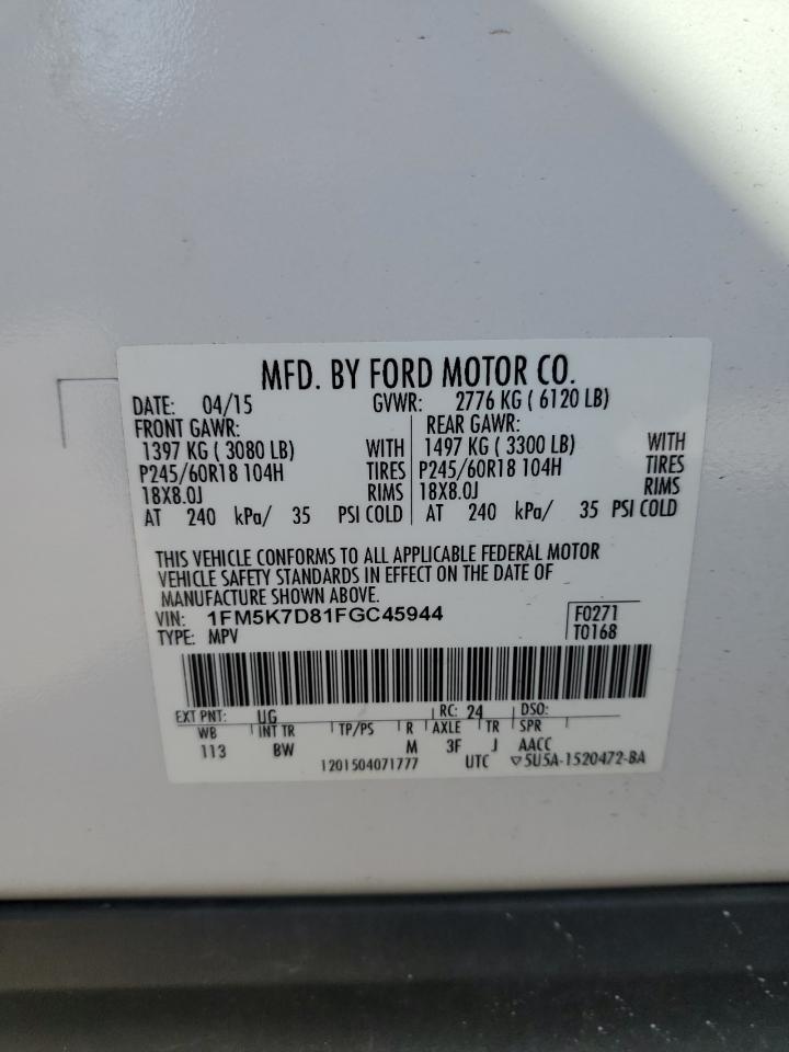 2015 Ford Explorer VIN 1FM5K7D81FGC45944 Copart auction photo, front end damage thumbnail 14