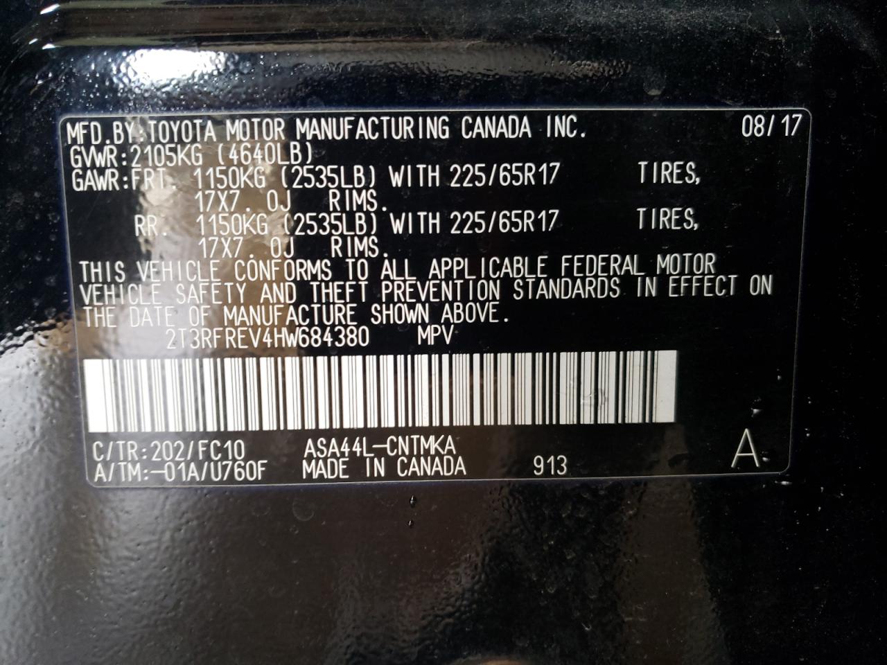 2017 Toyota RAV 4 VIN 2T3RFREV4HW684380 Copart auction photo, rear end / minor dent/scratches damage thumbnail 13