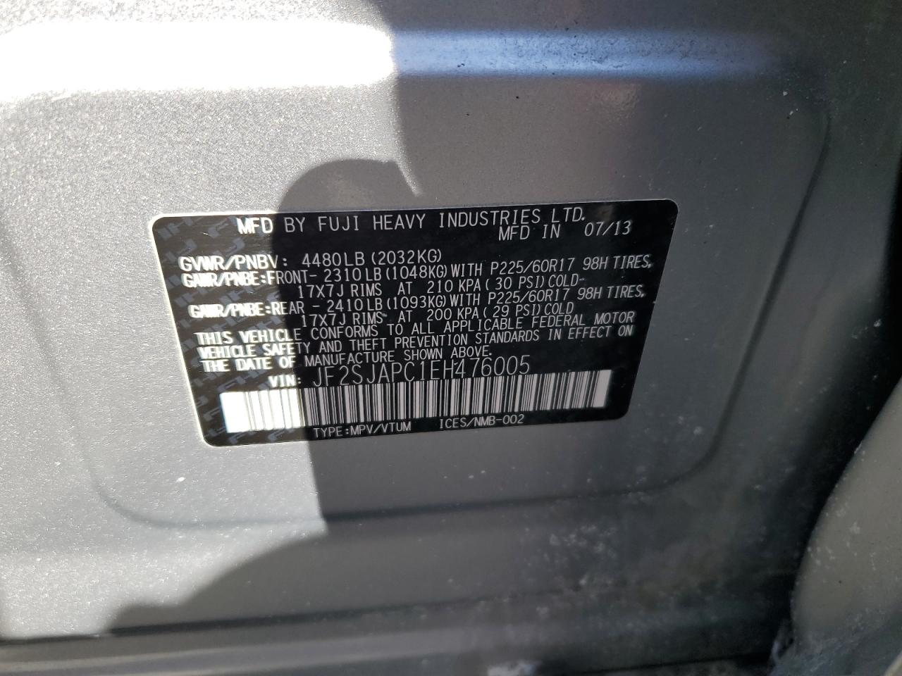 2014 Subaru Forester VIN JF2SJAPC1EH476005 Copart auction photo, side / front end damage thumbnail 15