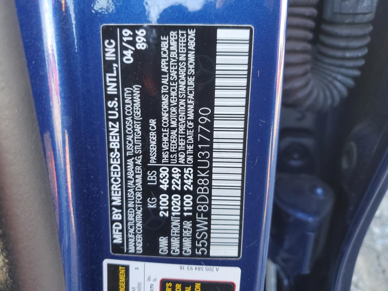 2019 Mercedes-Benz C-klasse VIN 55SWF8DB8KU317790 Copart auction photo, all over damage thumbnail 12