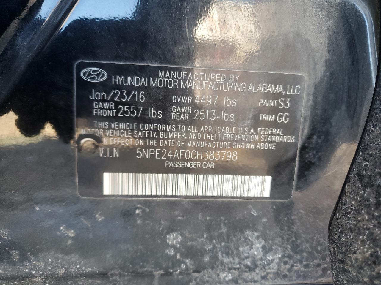 2016 Hyundai Sonata VIN 5NPE24AF0GH383798 Copart auction photo, rear end damage thumbnail 13